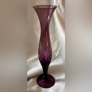 Dainty Purple Amethyst Glass Vase Etched with Grapes and Vines Plum Lavender VTG
